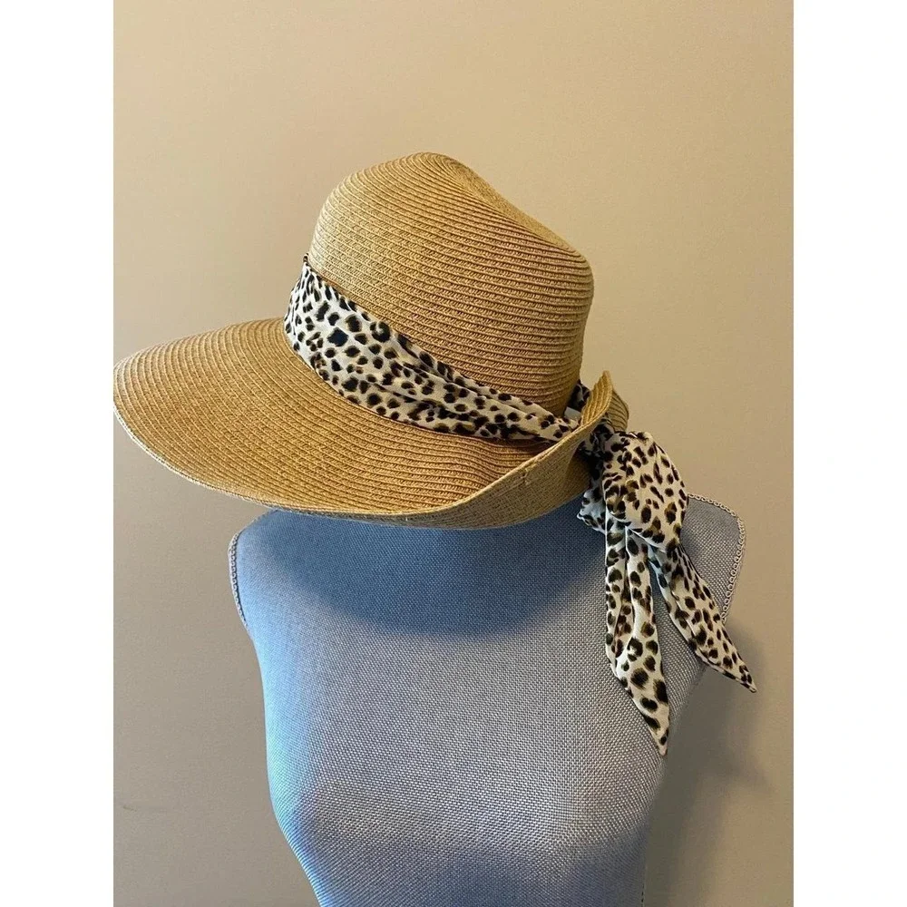 Sun Hat Nine West OSFM Golf Travel Beach Leopard Scarf Floppy Animal Festival